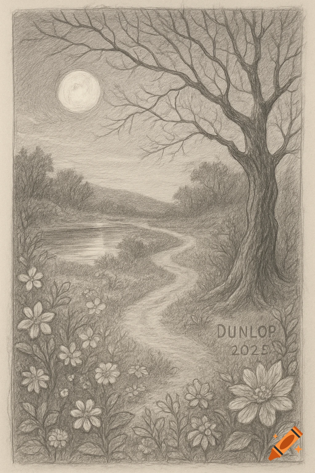 Pencil sketch of a moonlit landscape with a large tree, winding path, lake, and flowers in the foreground. Text 'DUNLOP 2025' carved near the tree.