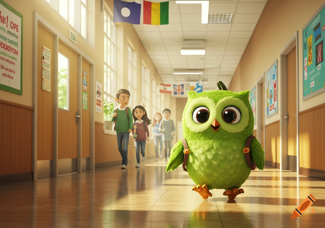 A fluffy green Duolingo owl walks down a sunlit school hallway, with animated students walking in the background.