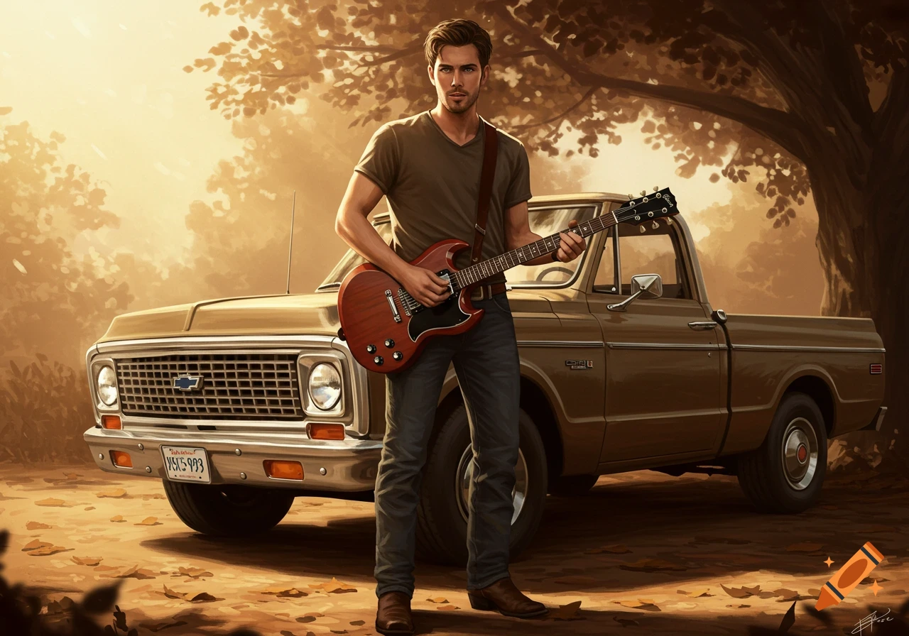 A man with a beard and dark hair holds a red electric guitar, standing in front of a vintage tan pickup truck under golden light.