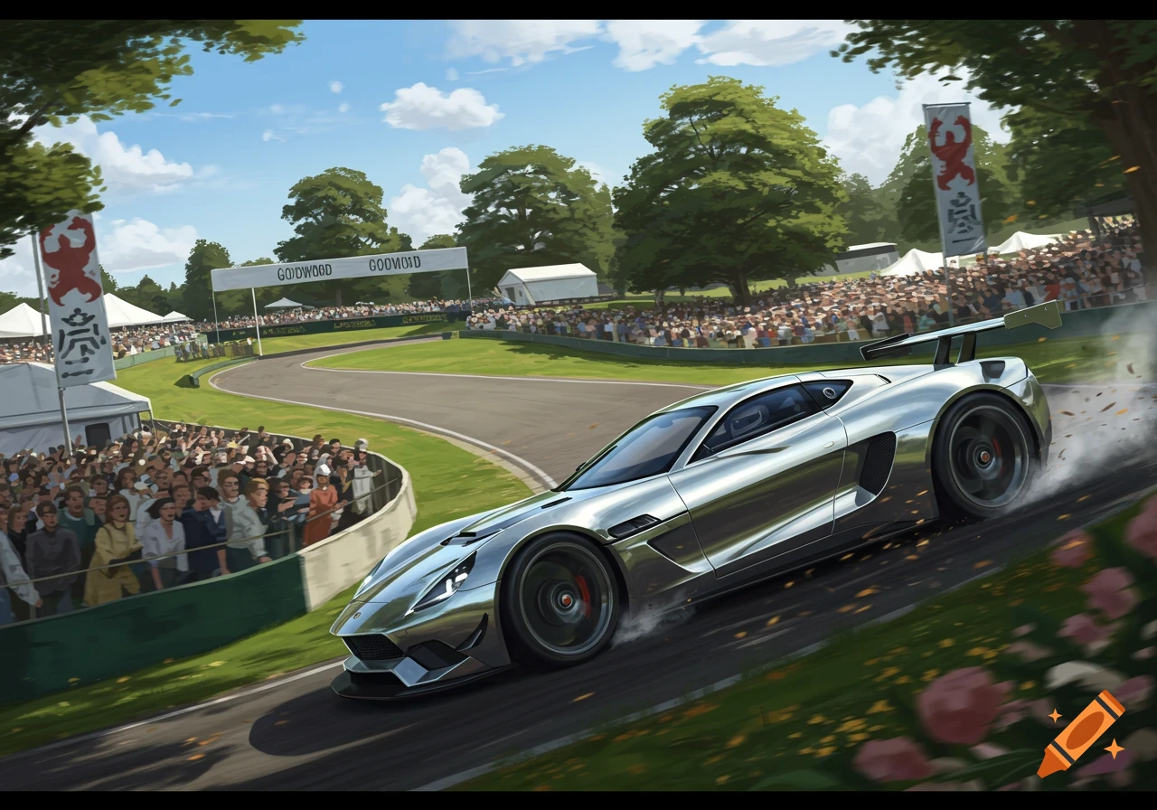 A sleek silver race car speeds around a turn on a track, with crowds lining the fence and banners in the background under a blue sky.