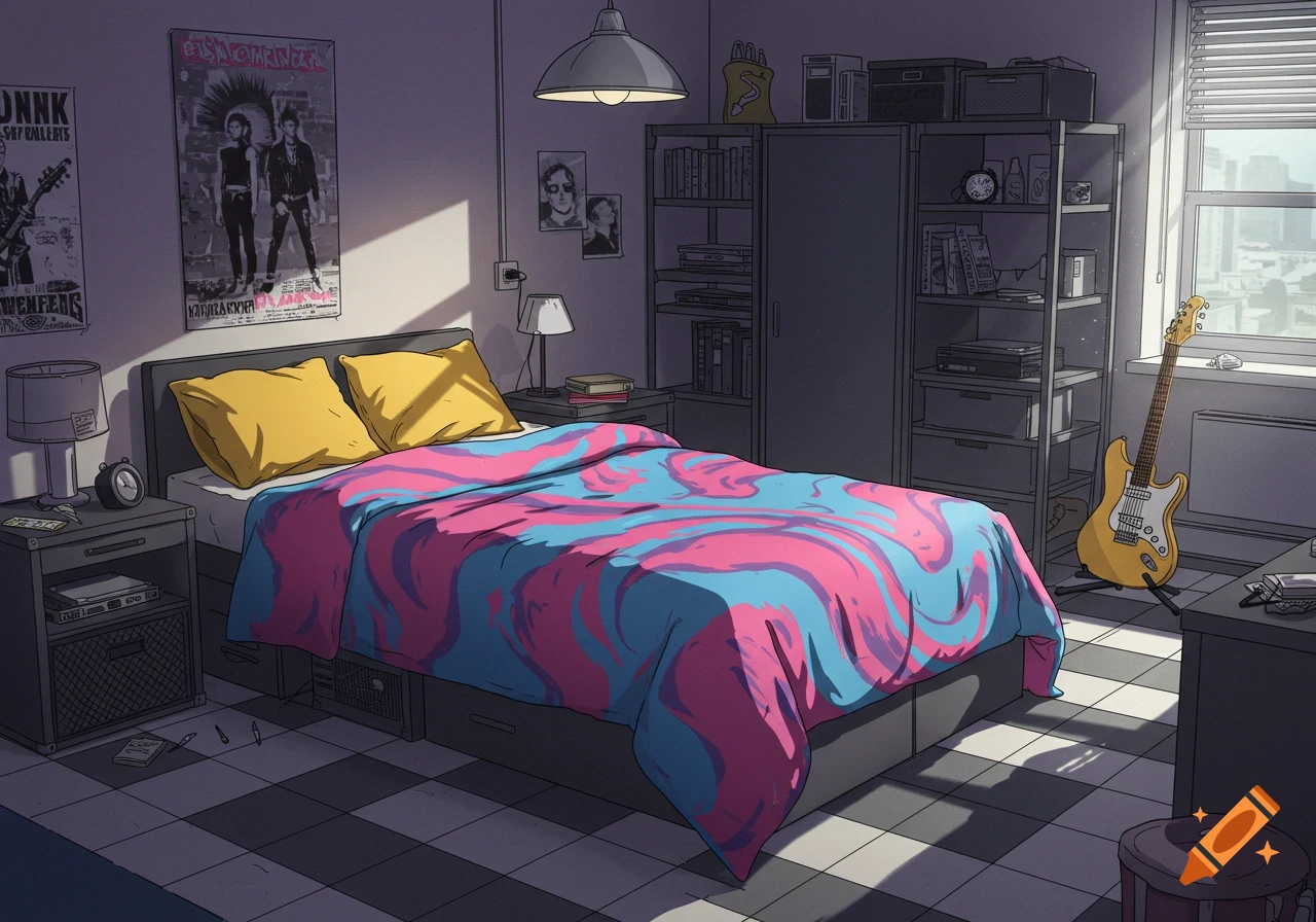 Anime-style college dorm room with a pink and blue swirl comforter, yellow pillows, punk posters, and a yellow electric guitar.