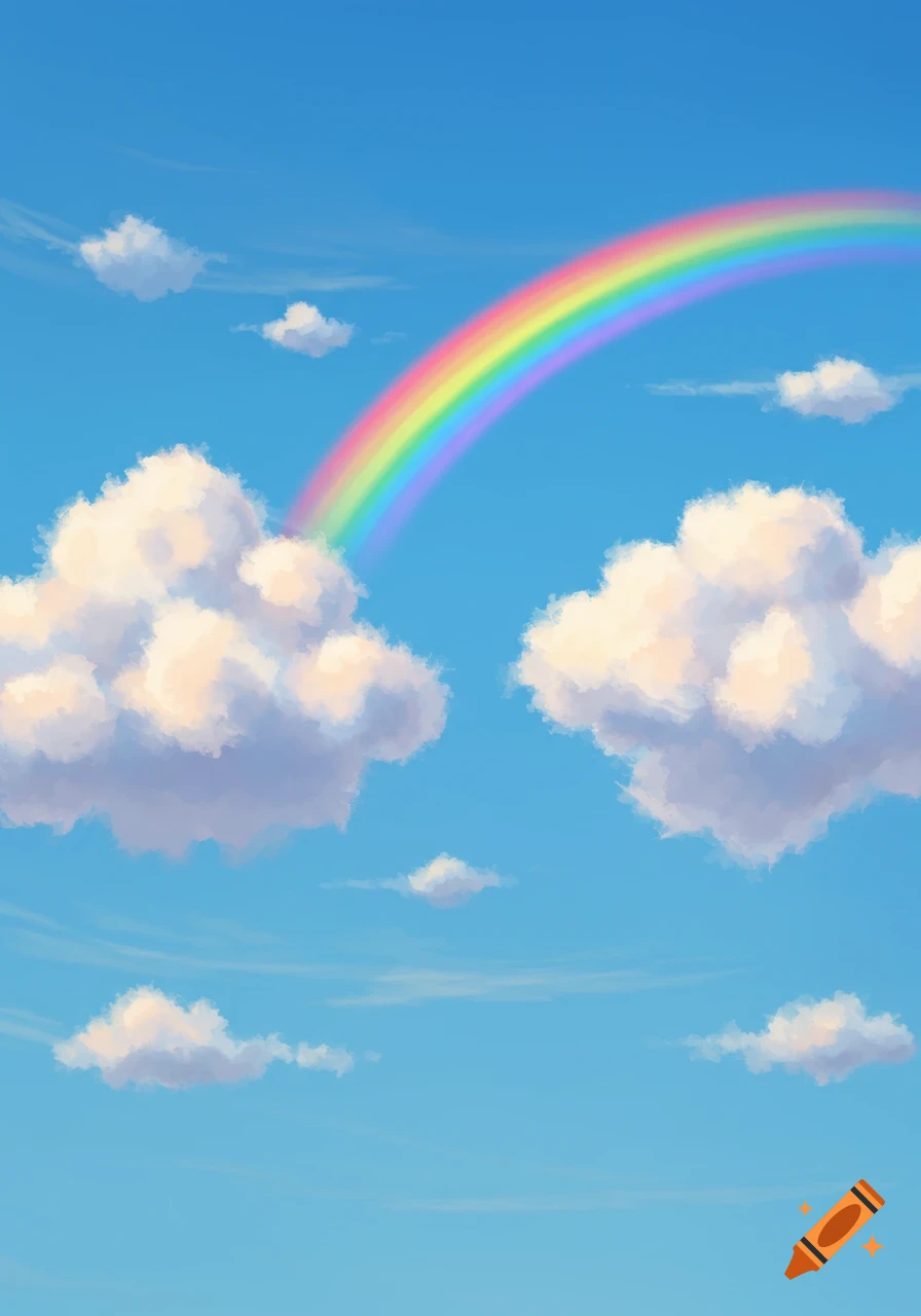 A clear blue sky with fluffy white and pastel clouds and a vibrant rainbow arcing across the top, in an illustrative style.