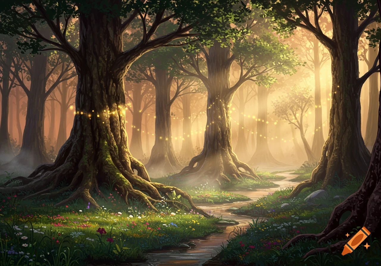 A magical fantasy forest at sunset with ancient trees, a winding stream, wildflowers, and glowing string lights.