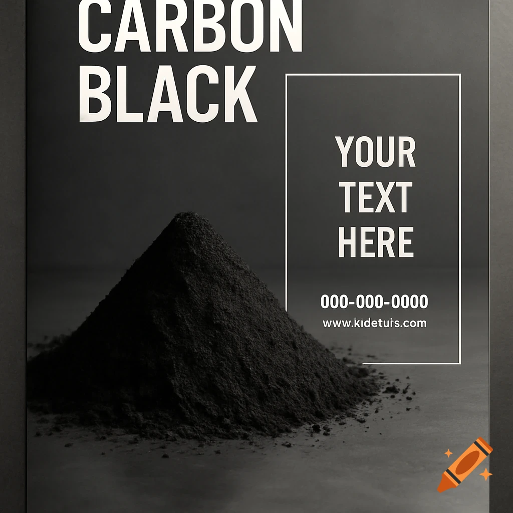 Advertising poster with a pile of carbon black powder on a dark surface and placeholder text.