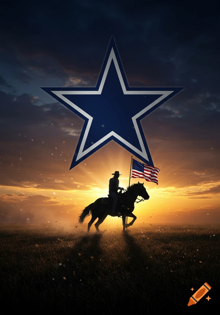 Silhouette of a cowboy on horseback with an American flag against a sunset, beneath a large Dallas Cowboys star.