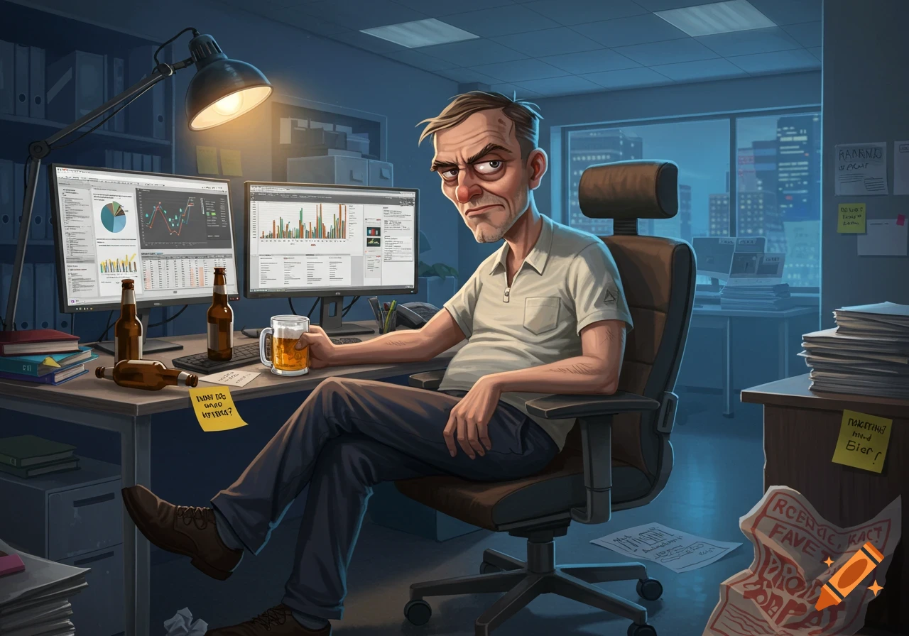 A grumpy, cartoonish man sits at a messy office desk with two monitors, holding a beer mug and surrounded by beer bottles.