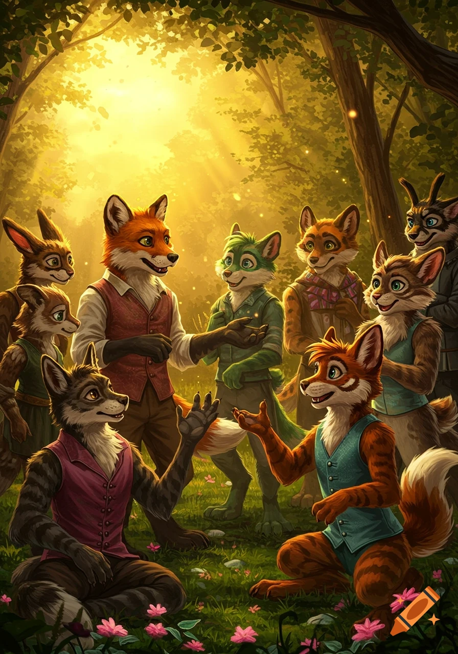 Smiling anthropomorphic foxes and forest animals gather in a sunlit, magical forest clearing, depicted in a fantasy illustration.