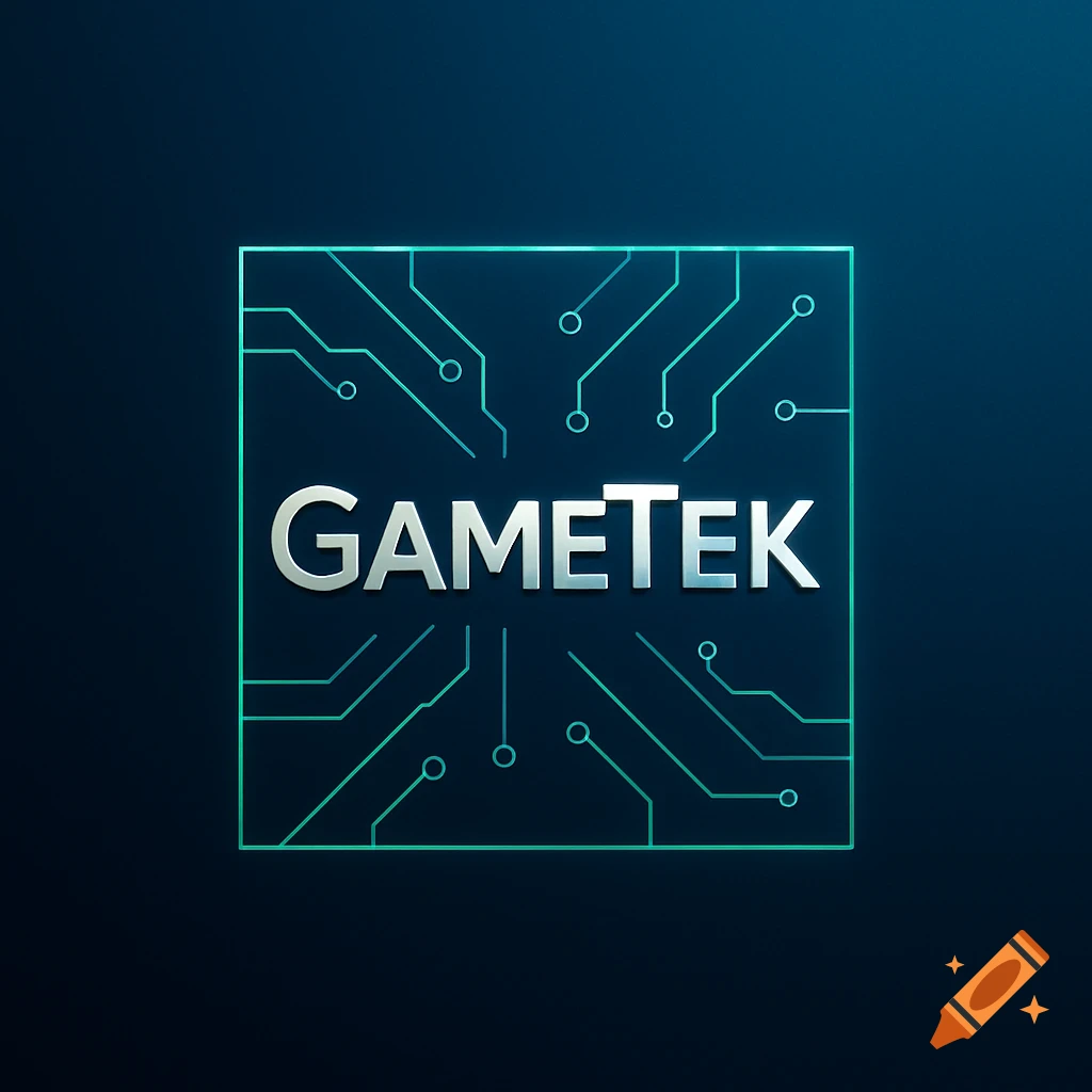 Silver 'GAMETEK' text centered in a glowing teal circuit board square logo on a dark blue background.