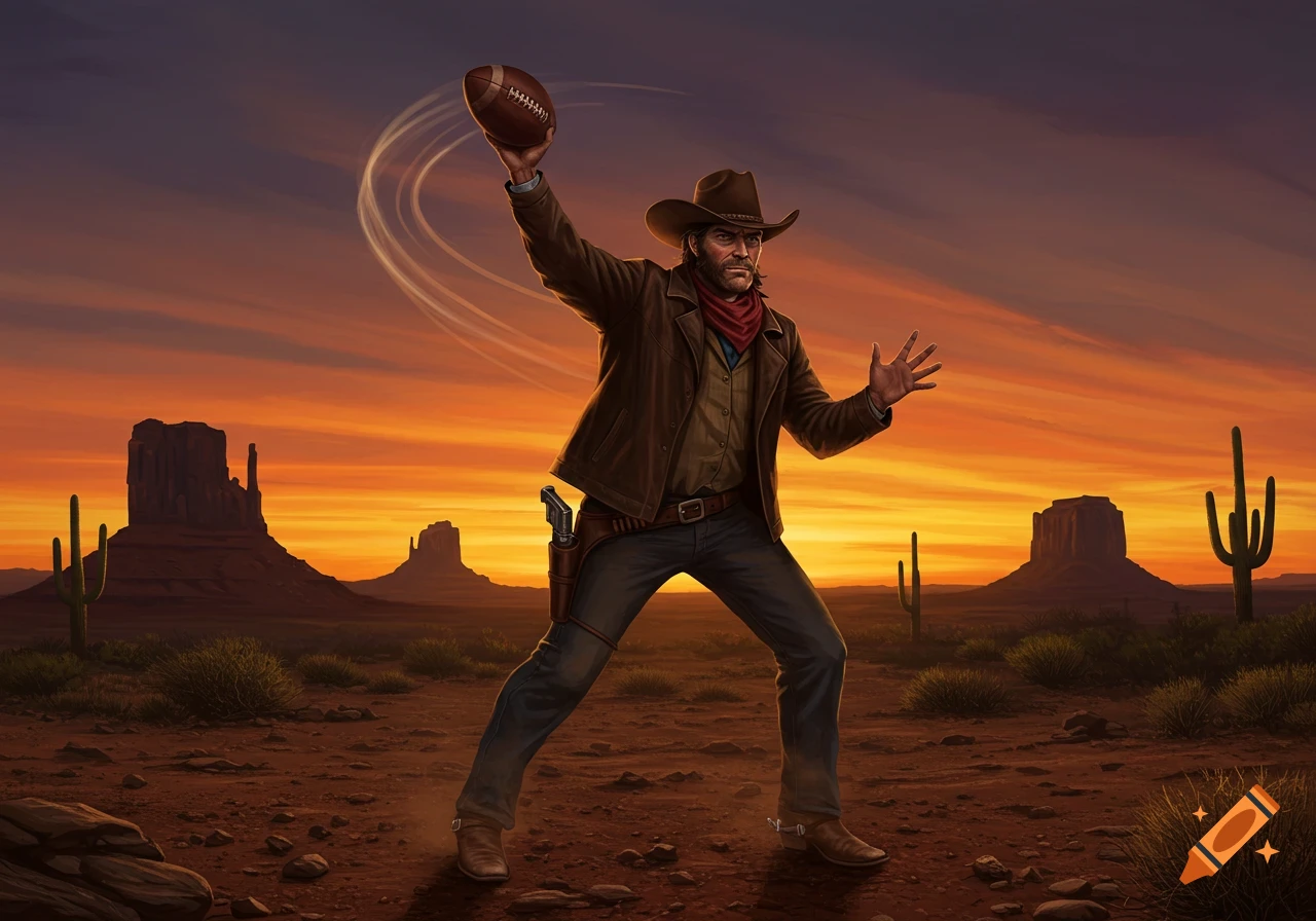 Illustrated cowboy in a brown jacket throwing a football in a desert at sunset with mesas and cacti.