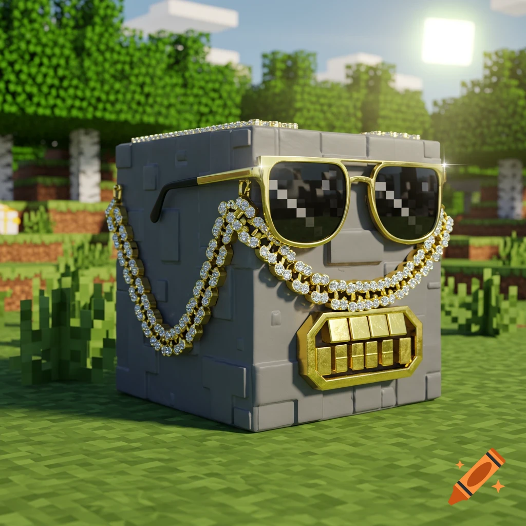 A Minecraft-style stone block wearing gold sunglasses, a diamond-encrusted chain, and a gold grill in a pixelated landscape.