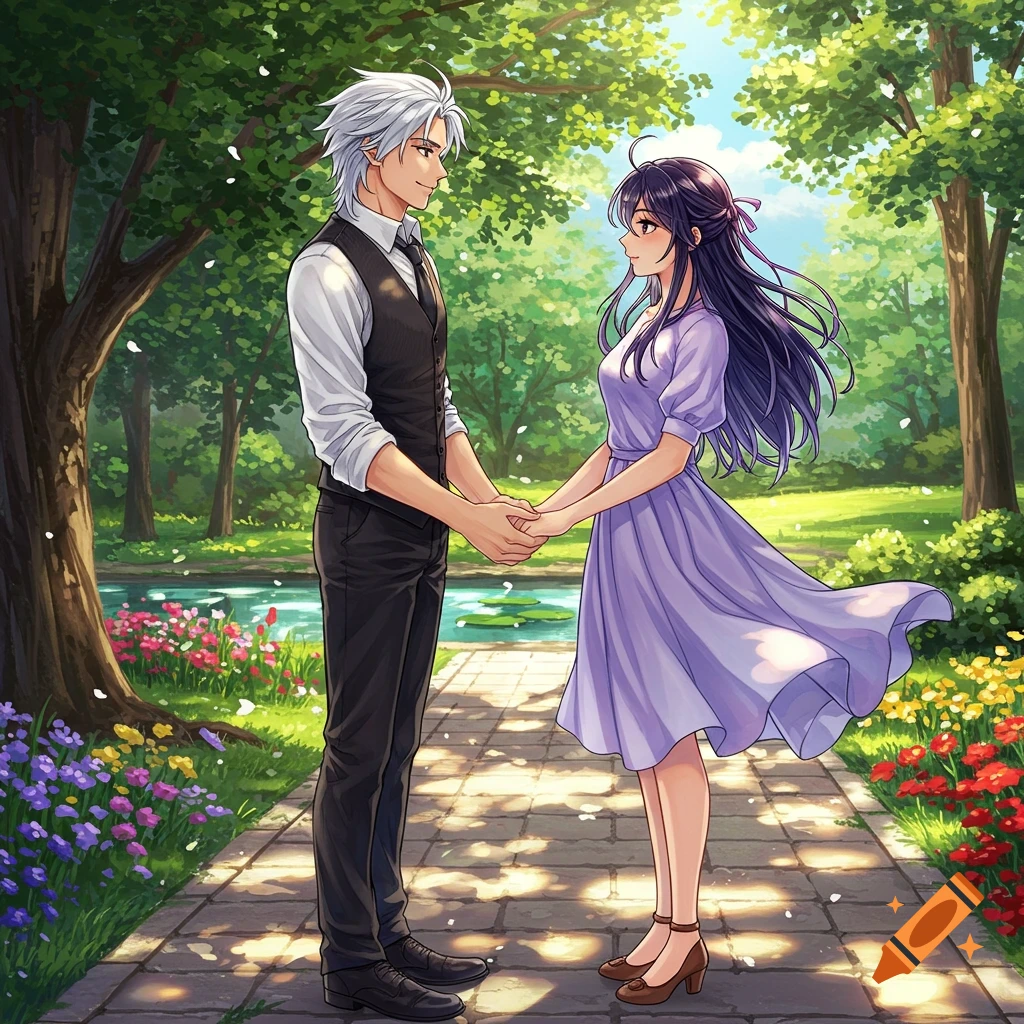 Anime couple holding hands in a vibrant, sunny park with trees and flowers.