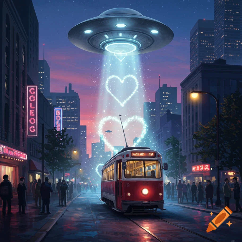 A stylized UFO beams glowing hearts onto a red tram on a bustling city street at dusk.