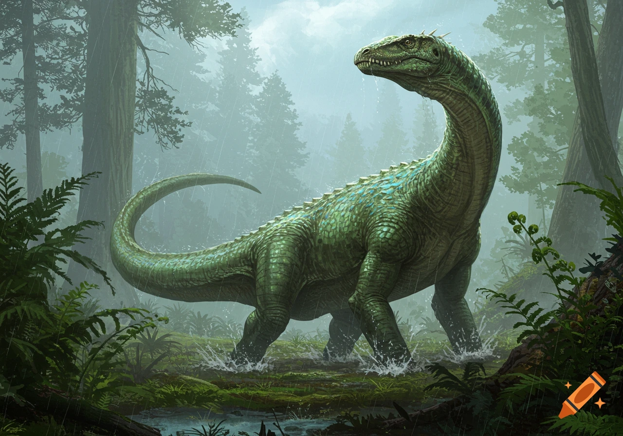 A large green dinosaur with blue accents walks through a misty, rainy prehistoric forest, splashing water.