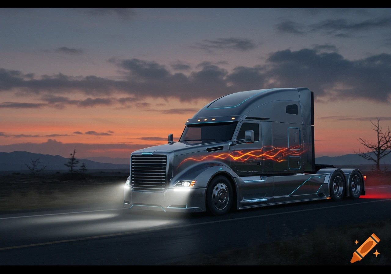 A futuristic grey semi-truck with glowing orange and blue accents drives down a highway at sunset.