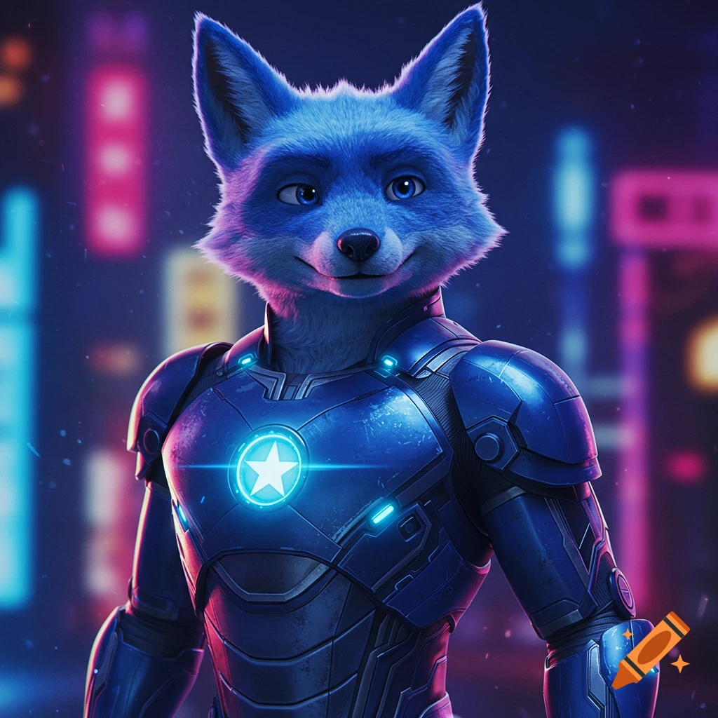 Animated blue fox in a blue and silver superhero suit with a glowing star on its chest, against a neon city background.