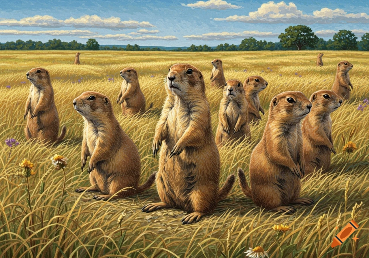 A group of prairie dogs stand upright in a field of tall golden grass under a blue sky with white clouds, in an illustrated style.