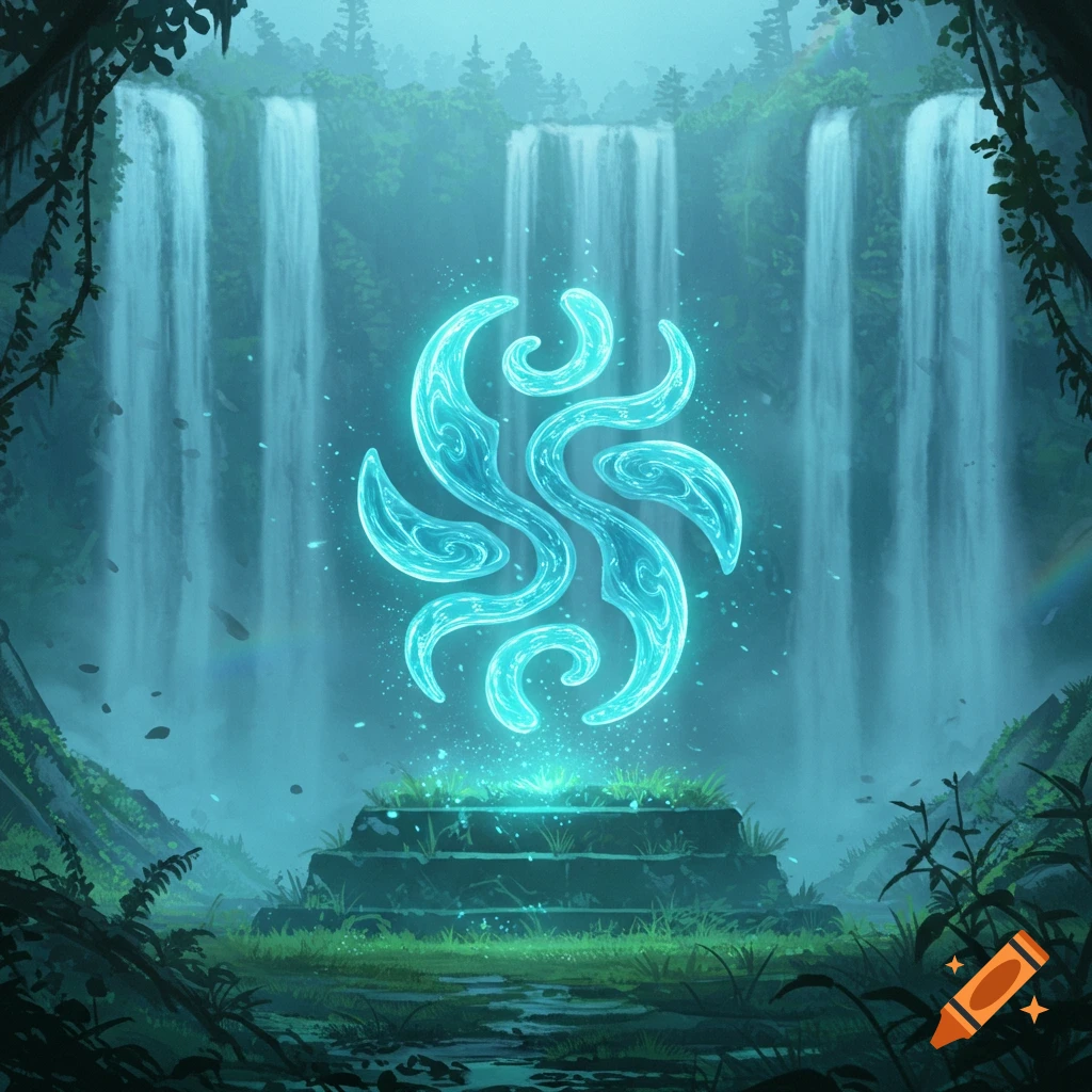 A glowing blue hydro sigil floats above a stone altar in a misty forest with multiple waterfalls.