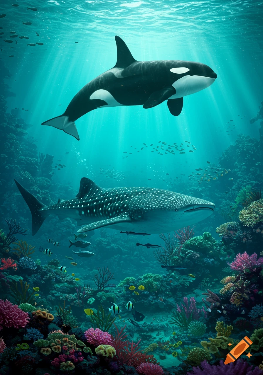 An orca swims above a whale shark in sunlit turquoise water, surrounded by a vibrant coral reef.
