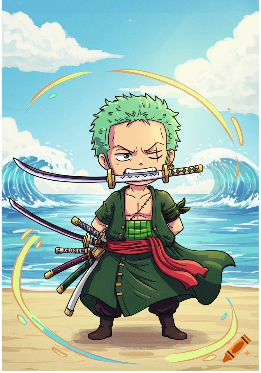 A chibi Roronoa Zoro stands on a sandy beach with a sword in his mouth and two at his side, with ocean waves and a blue sky in the background.