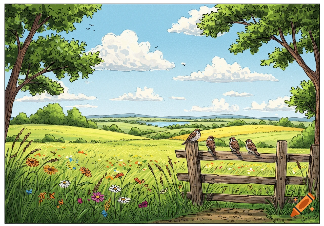 A cartoon illustration of a sunny rural landscape with green fields, wildflowers, trees, and sparrows on a wooden fence.