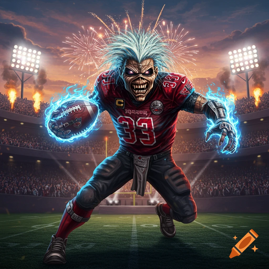 Iron Maiden's Eddie, a skeletal zombie figure with glowing eyes and spiky white hair, runs across a football field in a red jersey with '33' and 'DRAGON' printed on it, holding a glowing football, with fireworks and stadium lights in the background.