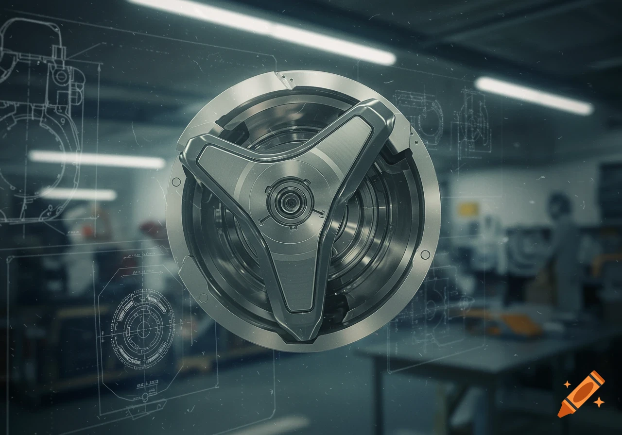 A metallic, three-spoked mechanical component centered against a blurred industrial background with overlayed blueprint schematics.