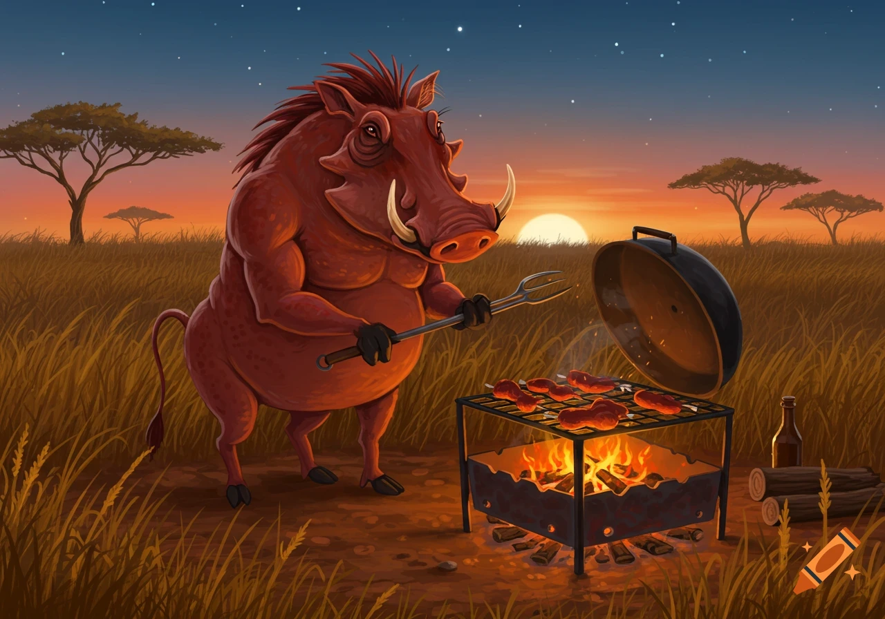 Cartoon red warthog grilling skewers on a barbecue in a savanna at sunset.
