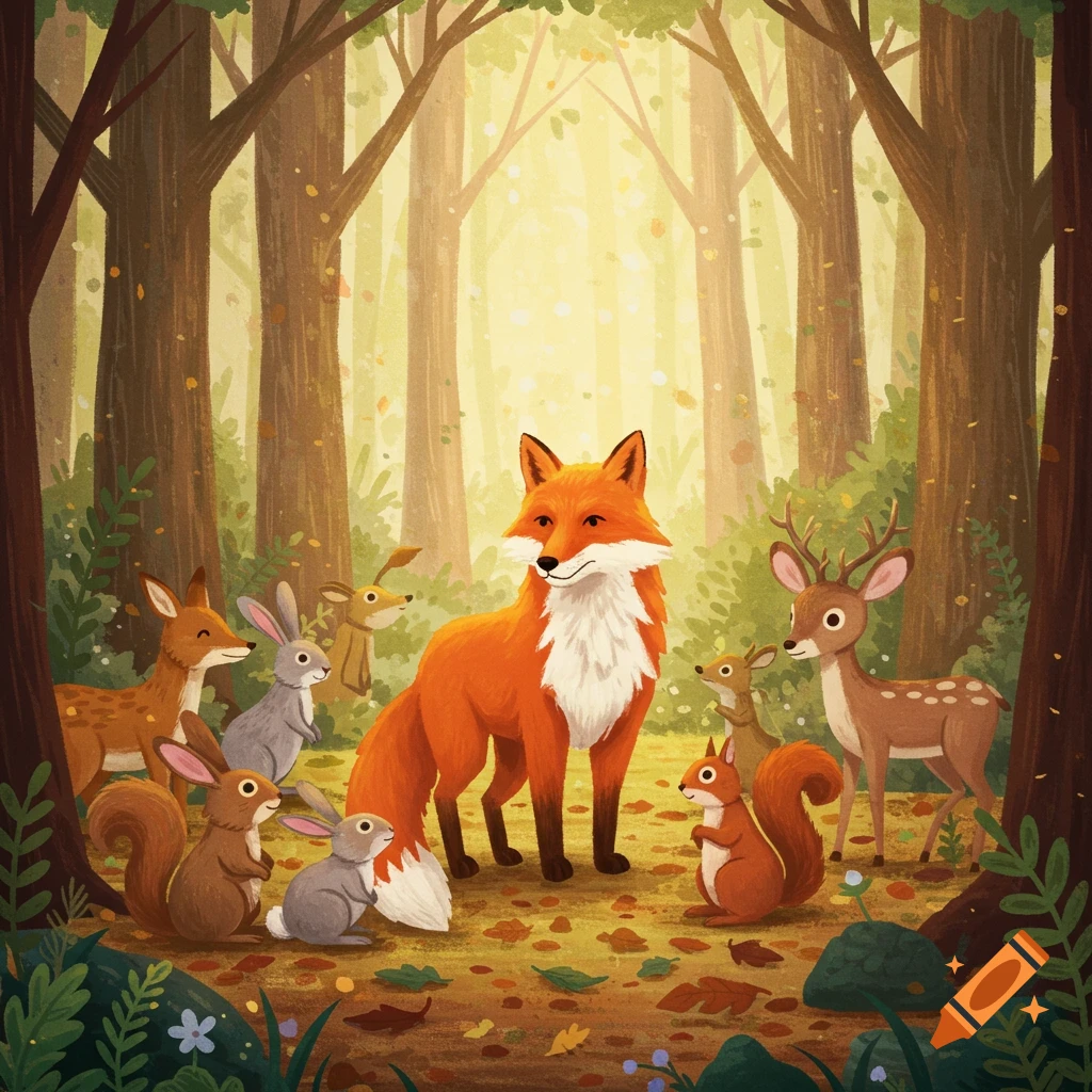 Cartoon illustration of a fox, deer, rabbits, and squirrels gathered in a bright, lush forest.