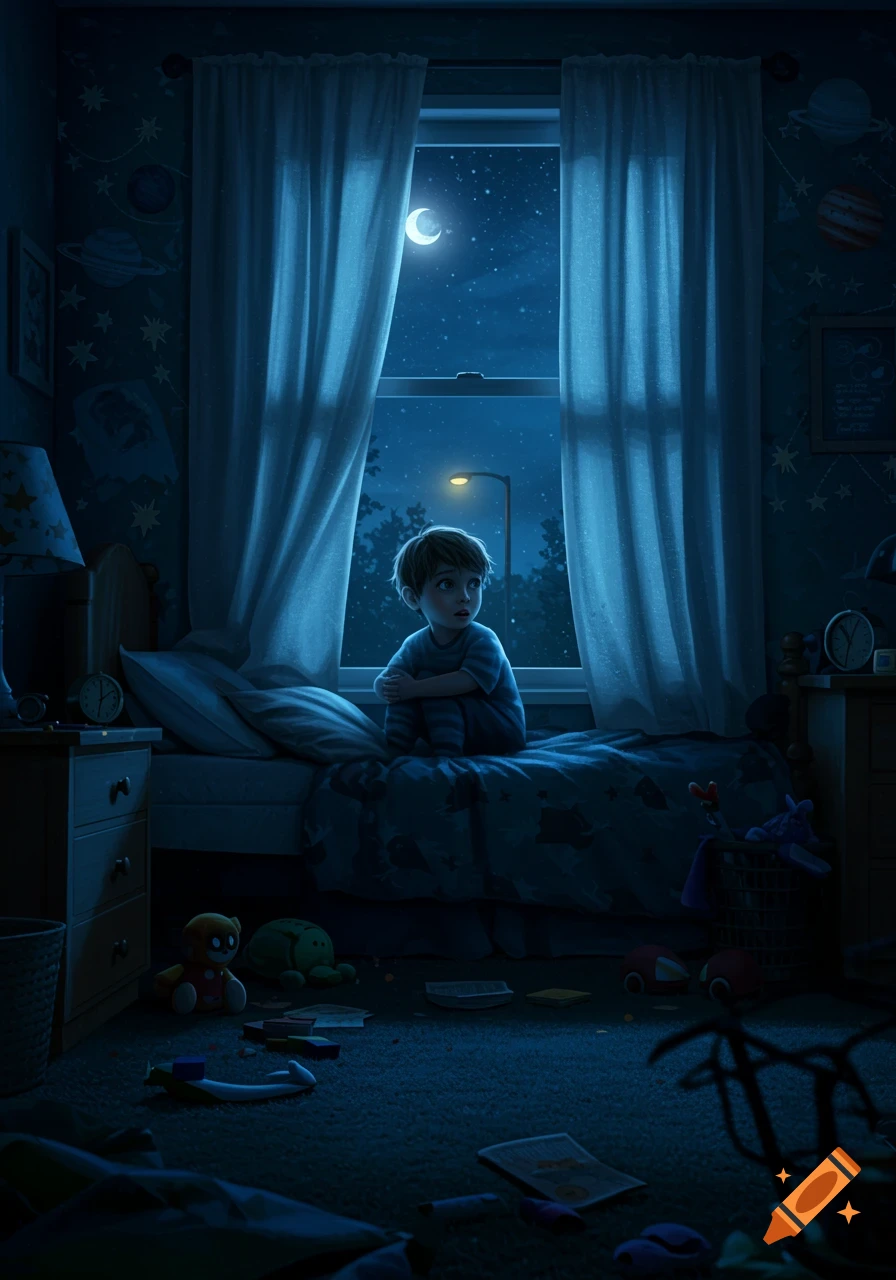 A scared young boy sits on his bed at night, looking out his bedroom window at a crescent moon and street lamp. Digital illustration.