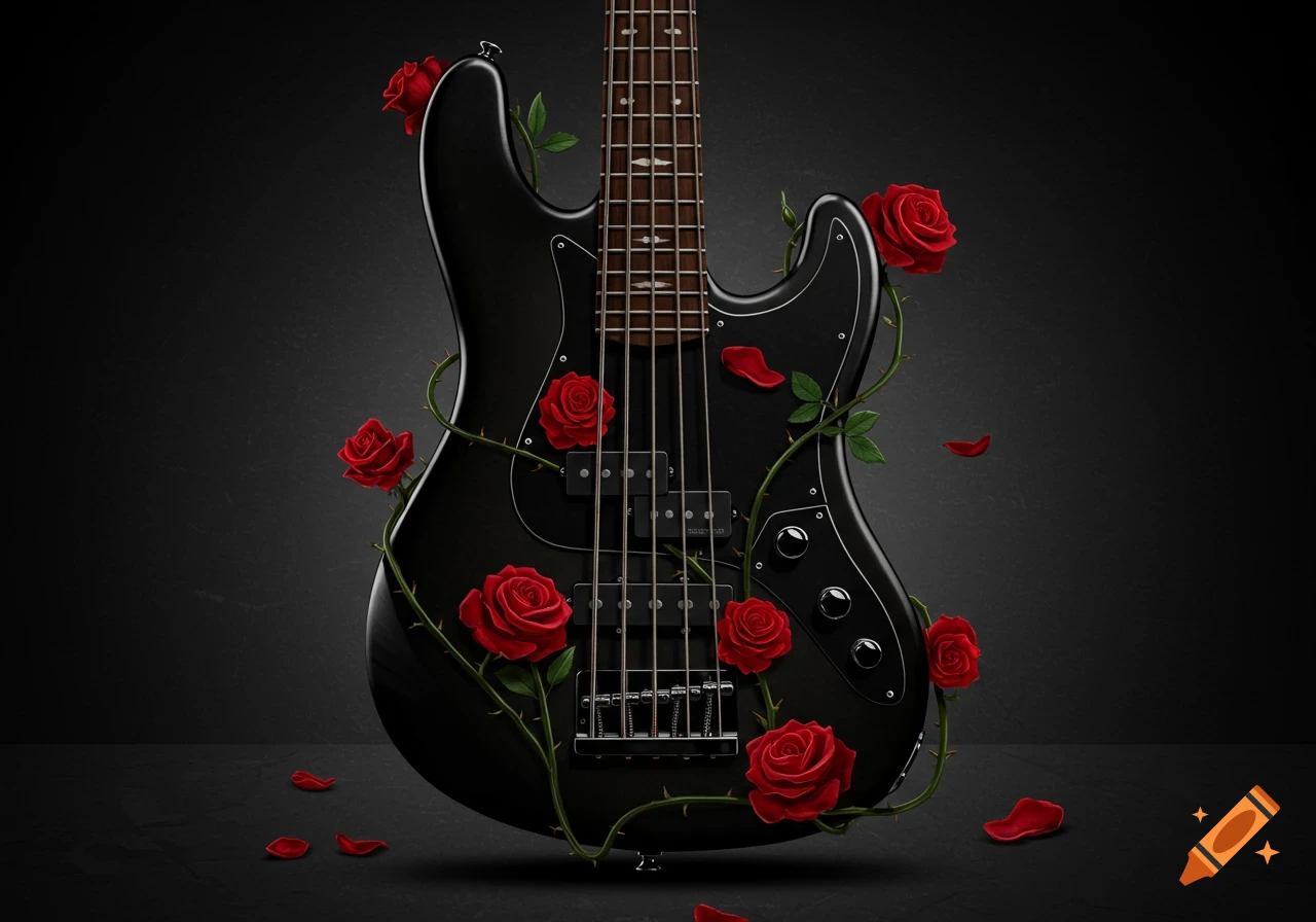 A matte black electric bass guitar adorned with vibrant red roses, green vines, and scattered petals against a dark background.