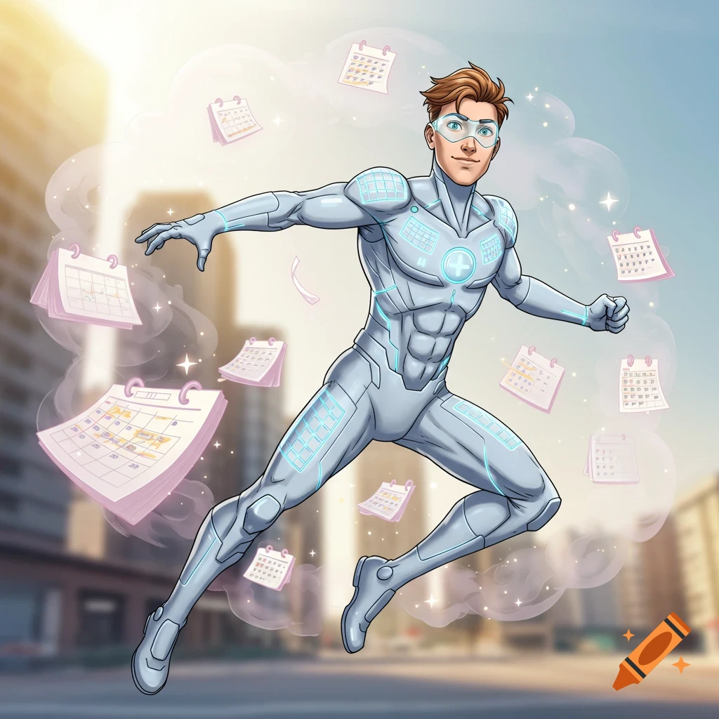 A comic book style superhero in a futuristic white and blue suit leaps through an urban setting, surrounded by floating calendars.