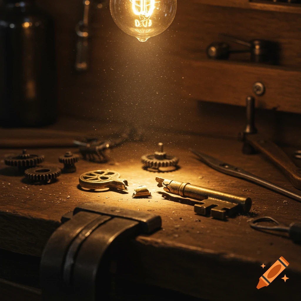 A dimly lit workbench with tools, gears, a broken golden key, and an illuminated Edison light bulb casting a warm glow.