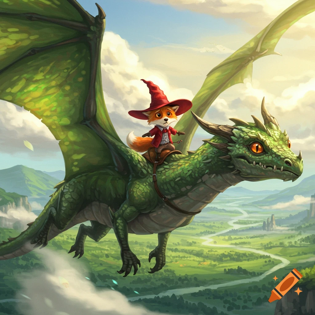 A cute fox in a red wizard hat rides a green dragon, flying over a lush fantasy landscape in a stylized illustration.