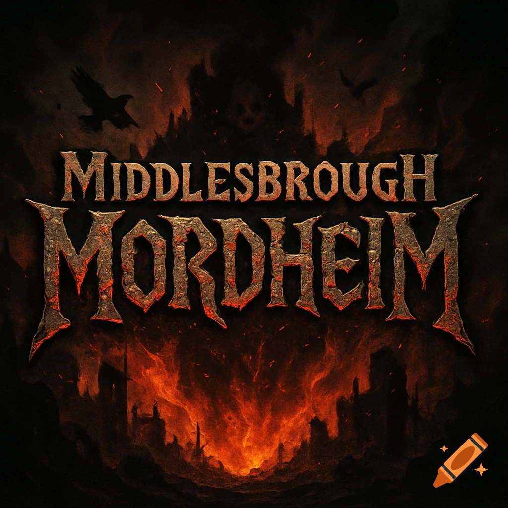 Dark fantasy logo for 'Middlesbrough Mordheim' with jagged gothic lettering, set against a fiery background with ruined city silhouettes and flying crows.