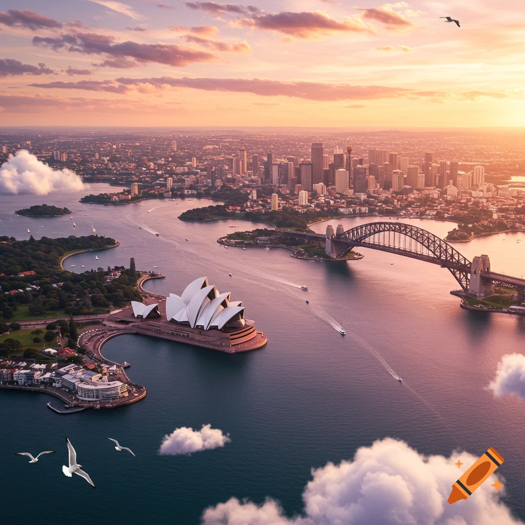 Photorealistic aerial view of Sydney Harbour at sunset, showing the Opera House, Harbour Bridge, city skyline, and boats.