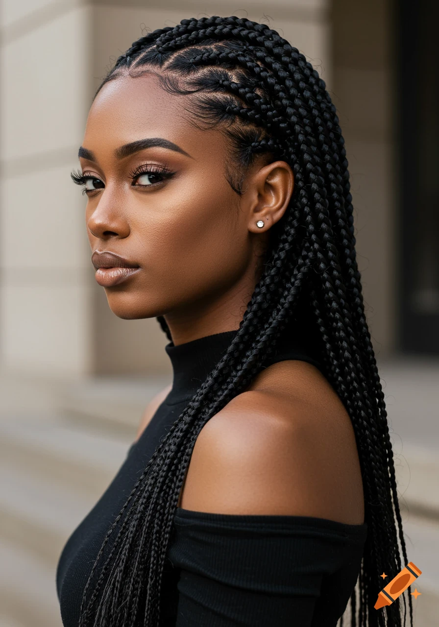 Close-up portrait of a Black woman with long knotless box braids, wearing a black off-shoulder top.