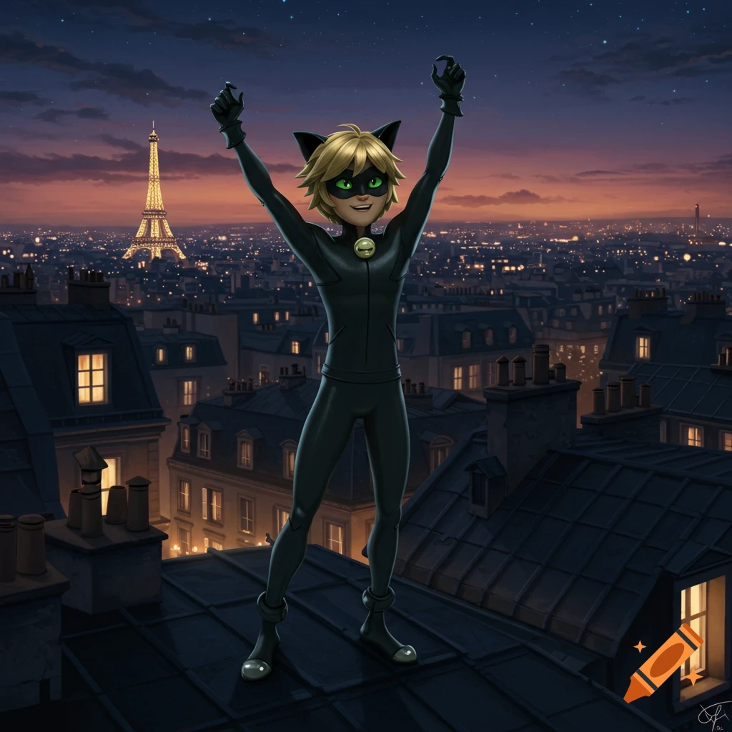 Cat Noir stands triumphantly on a Parisian rooftop at dusk, the Eiffel Tower glowing in the background, in an animated style.