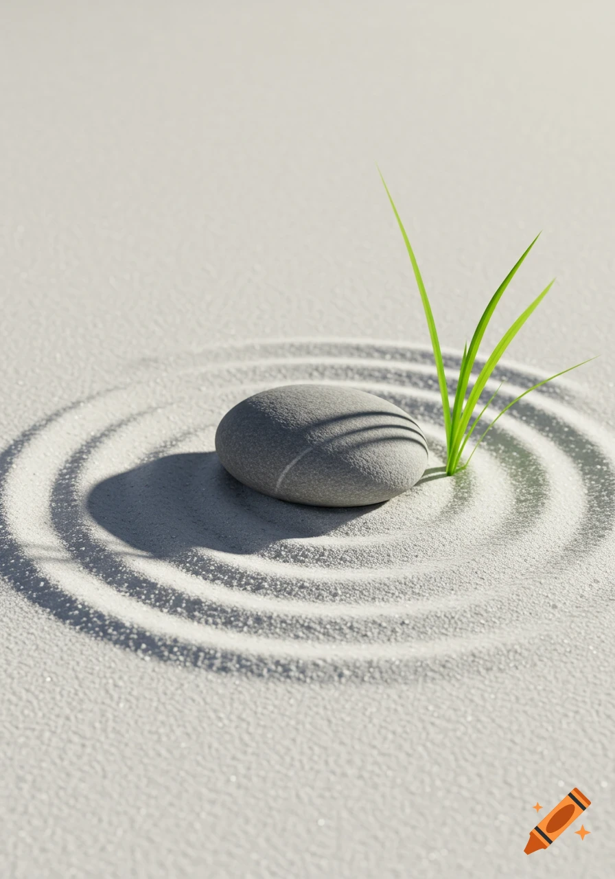 A smooth grey stone and vibrant green grass sprout from white sand with concentric ripples in a minimalist zen garden.