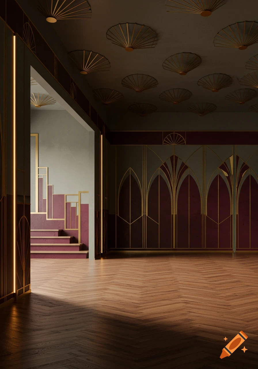 Empty Art Deco room with dark walls, gold geometric patterns, herringbone floor, and a staircase, bathed in warm light.