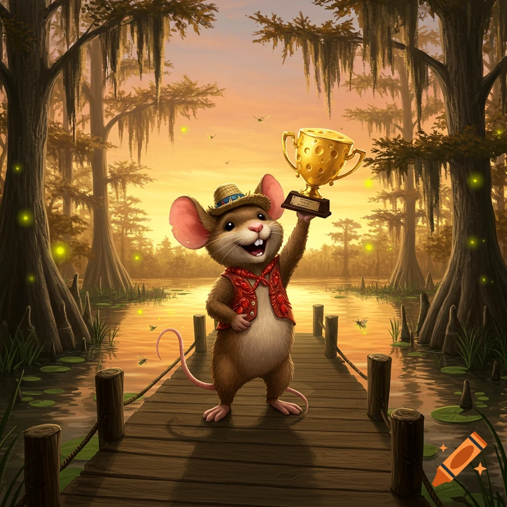 Happy cartoon mouse in a straw hat and red vest, standing on a wooden dock in a swamp, holding a golden cheese trophy triumphantly at sunset.