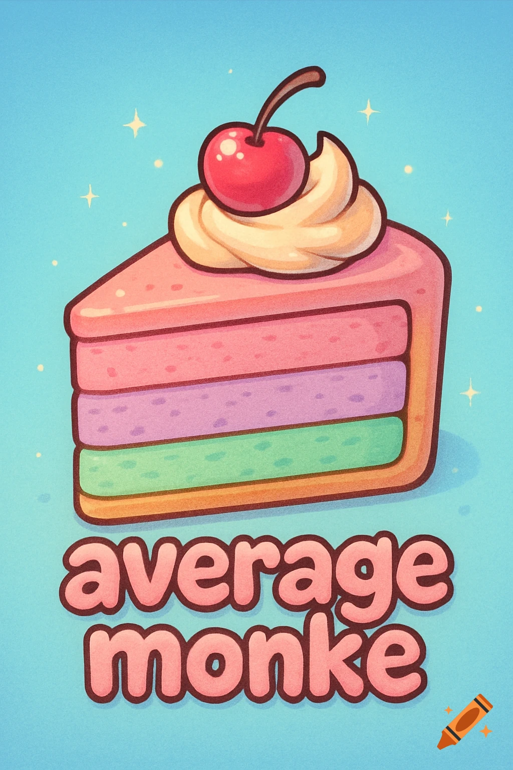 Cartoon slice of layered cake with whipped cream and a cherry, with the text 'average monke' below, on a blue background.