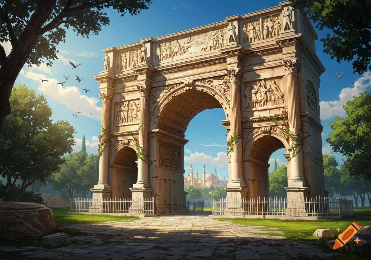 A grand, ornate stone arch, reminiscent of ancient Roman architecture, stands in a lush green park under a clear blue sky.