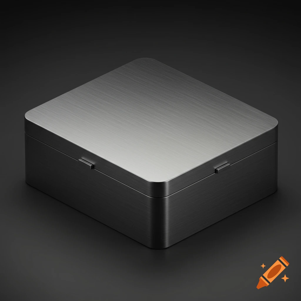 A sleek, brushed dark metal box with rounded corners sits on a dark background, rendered in an isometric view.