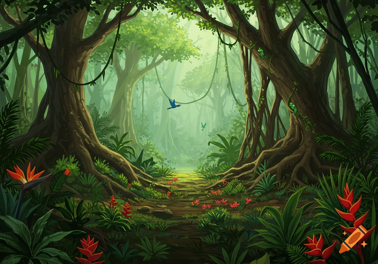 Vibrant illustration of a lush tropical jungle with a path, large trees, vines, colorful flowers, and birds.