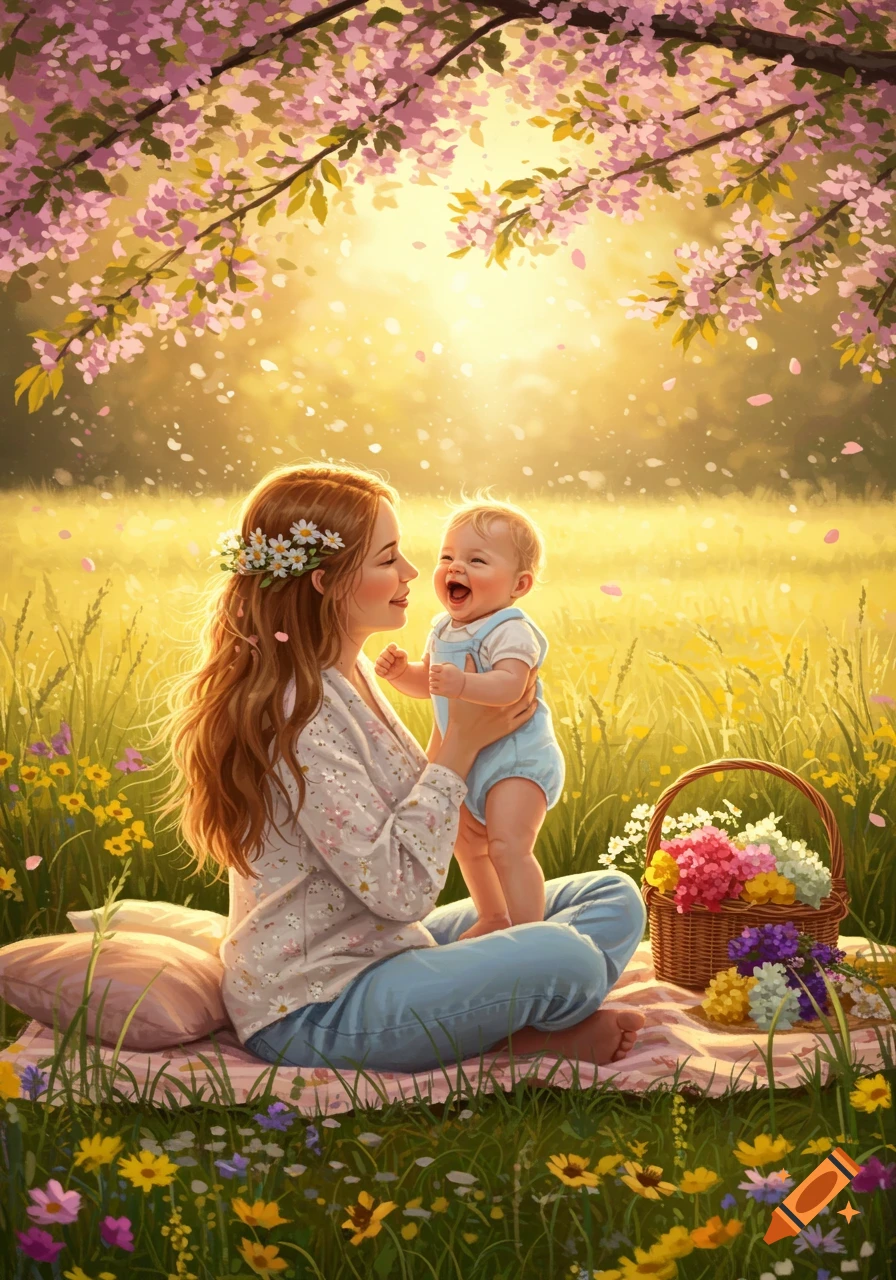 A mother and her laughing baby sit in a sunny field under pink blossoms, surrounded by wildflowers, in a painterly style.