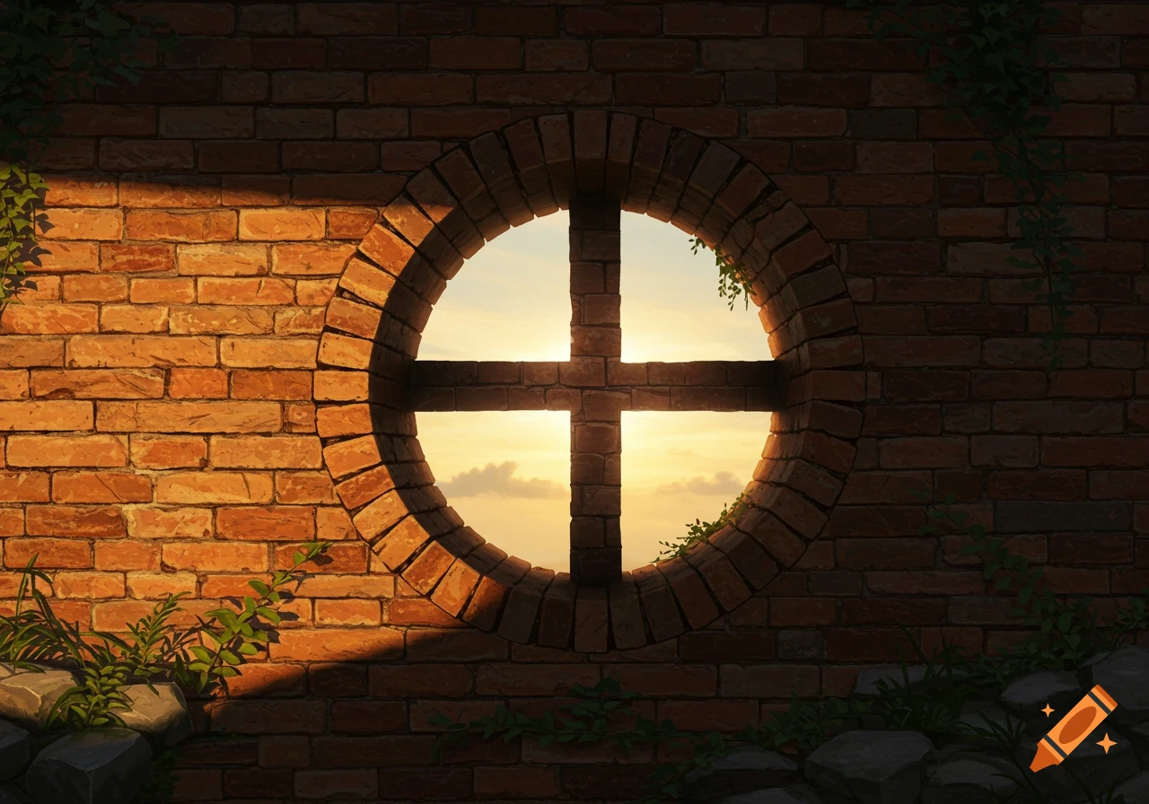 A brick wall with a round window divided by a cross, revealing a bright sunset sky, with green vines clinging to the wall.