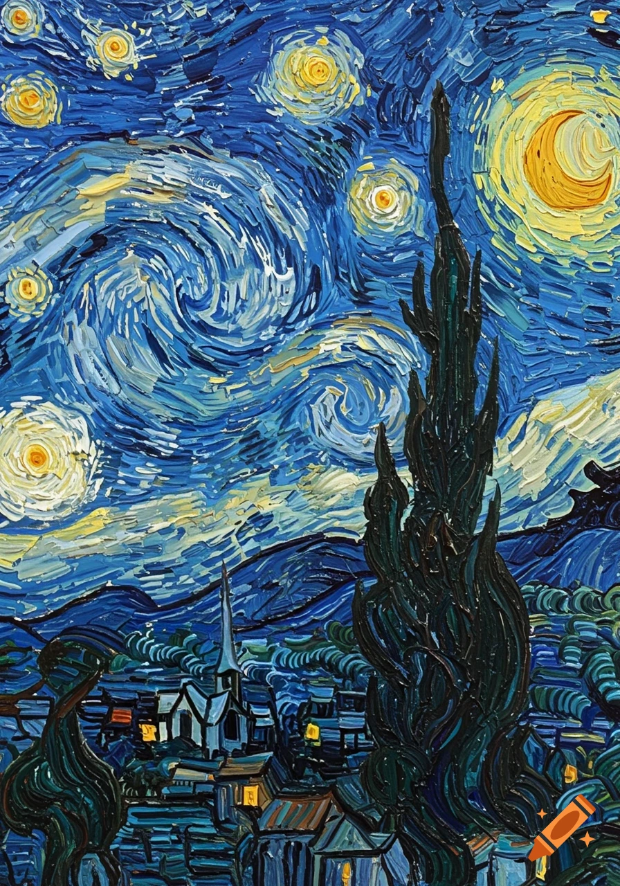 Oil painting in Van Gogh's style, with a swirling blue night sky, yellow stars, crescent moon, dark cypress tree, and village.