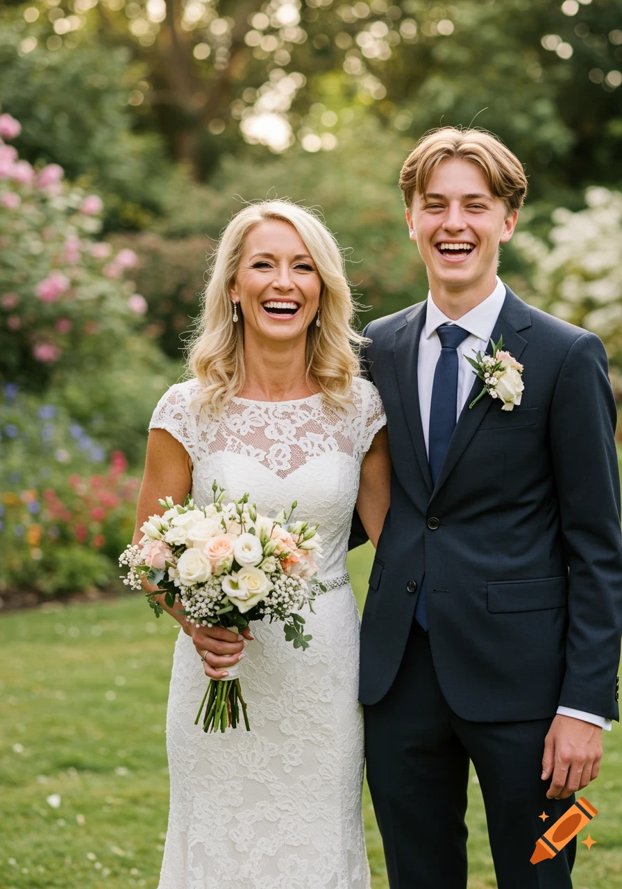 A laughing woman in a white lace wedding dress holding a bouquet and a teenage boy in a dark suit pose in a lush garden.