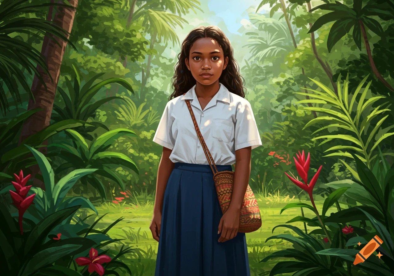 An illustrated teenage girl in a white shirt and blue skirt, with a patterned bag, stands in a lush green jungle.