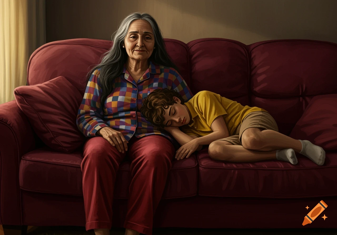 An elderly woman with long gray hair sits on a maroon couch, while a young boy with curly hair sleeps with his head on her lap. Illustrated.